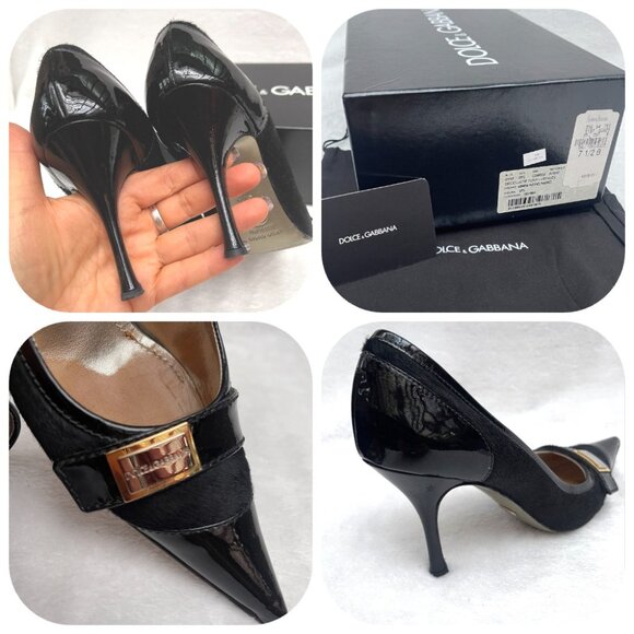 Dolce & Gabbana Logo decollete Pony Hair/Patent Leather Cap Toe Heels Pumps 7,5 - Picture 7 of 11